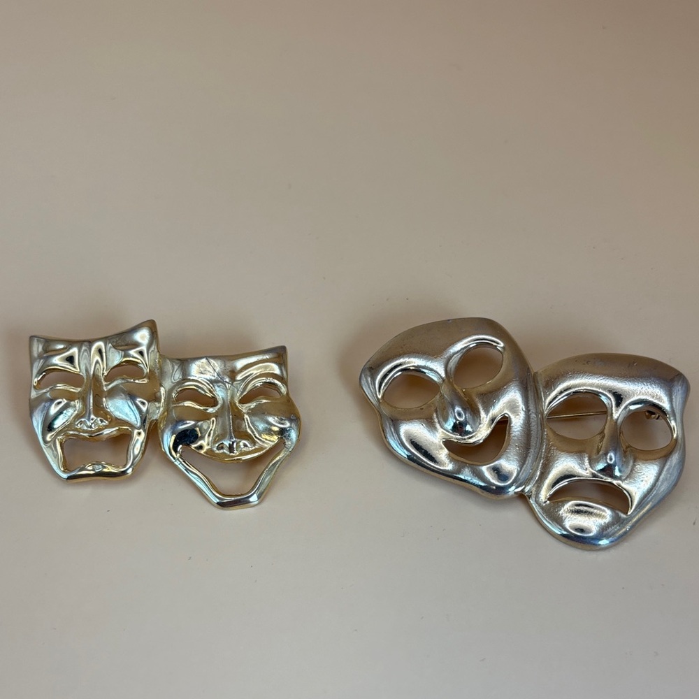 Gold-tone Comedy and Tragedy Mask Brooch Set